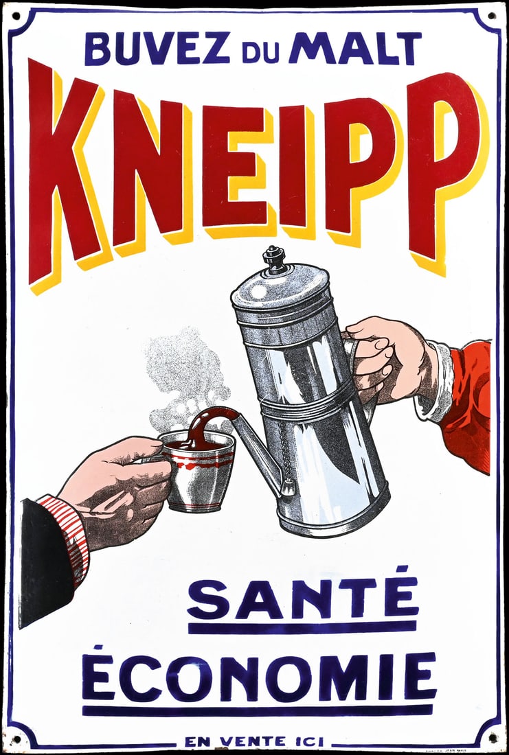 MALT KNEIPP | MAGNIFICIENT PORCELAIN SIGN | (1+): Porcelain sign ( Enamel sign ), stenciled and finely lithographed, F around 1910, 40 x 60 cm, Email Ed. Jean Paris, an early French advertising, rare in such a fine preservation and with enamel work p