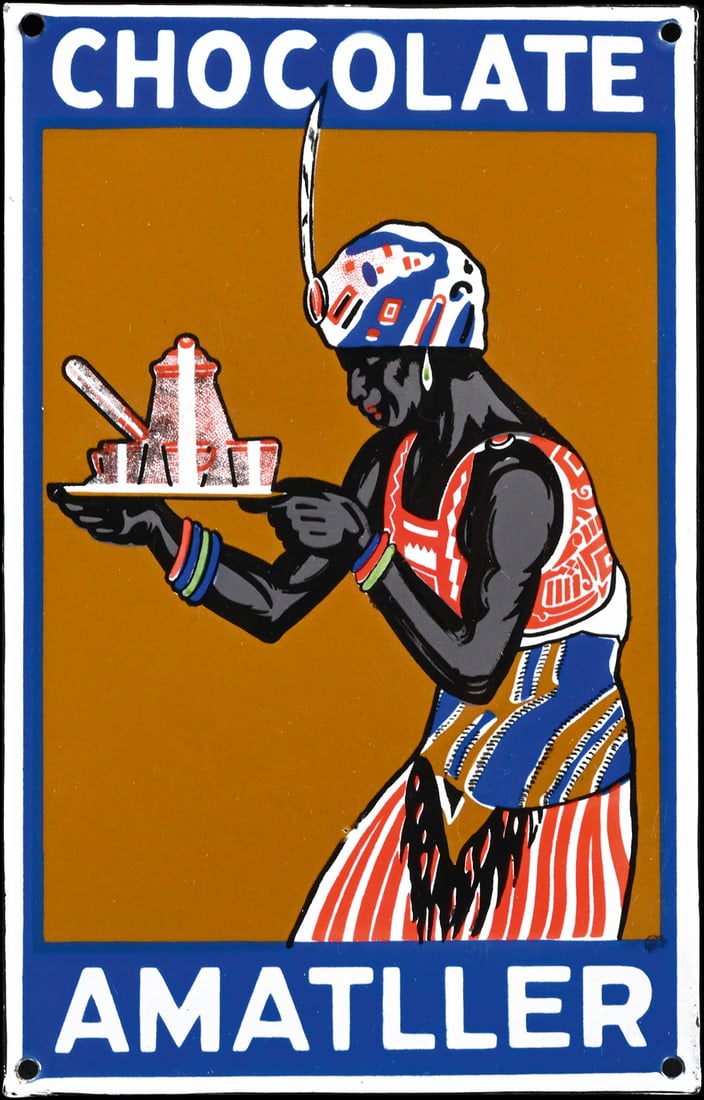 CHOCOLATE AMATLLER | SUPER RARE PORCELAIN SIGN IN ONE OF A KIND COLLECTORS GRADE | (1+): Porcelain sign ( Enamel sign ), stenciled and lithographed, ES around 1915, 18 x 28 cm, signed: Rafael de Penagos Zalabardo (Spanish illustrator, 1889-1954). Penagos studied in Madrid and later contin