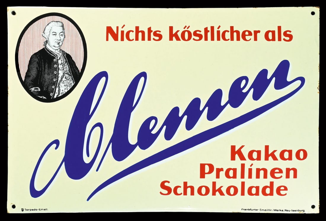 CLEMEN KAKAO PRALINE SCHOKOLADE | PORCELAIN SIGN | (1): Porcelain sign ( Enamel sign ), convex, stenciled and lithographed, GER around 1920, 59 x 39 cm, the history of the chocolate manufacturer dates back to the 18th century. The founder himself, Johann G