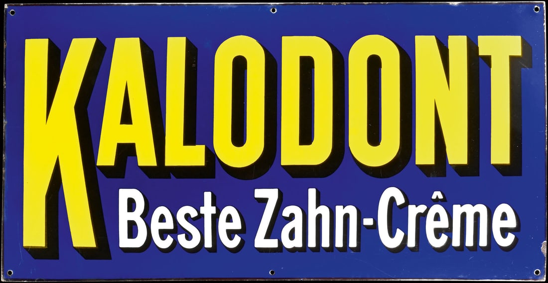 KALODONT | PORCELAIN SIGN | (1): Porcelain sign ( Enamel sign ), convex, stenciled, the white lettering thickly filled in, GER/AT 1920s, 93 x 47 cm | We do only sell old original pieces - no reproductions or fakes. We pack in house, 
