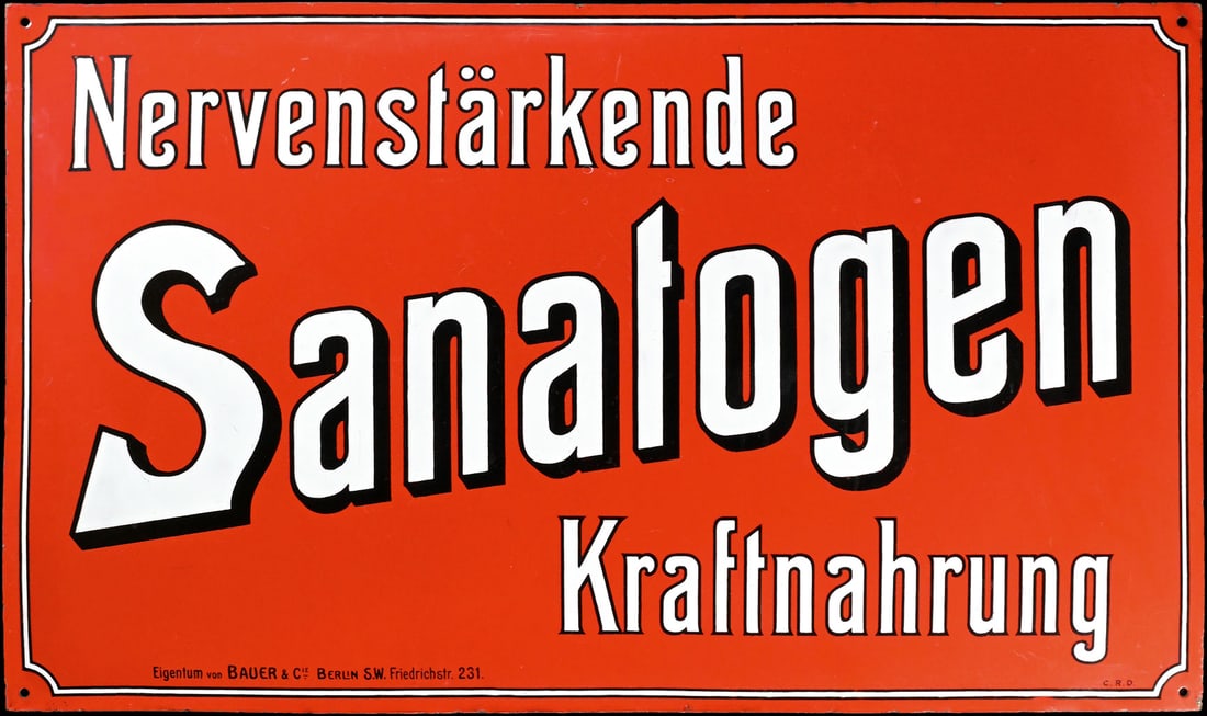 SANATOGEN NERVENSTAERKENDE KRAFTNAHRUNG | PORCELAIN SIGN | (1): Porcelain sign ( Enamel sign ), convex, thickly stenciled, GER around 1905, 100 x 60 cm, C. R. D. (C. Robert Dold), very glossy | We do only sell old original pieces - no reproductions or fakes. We pa