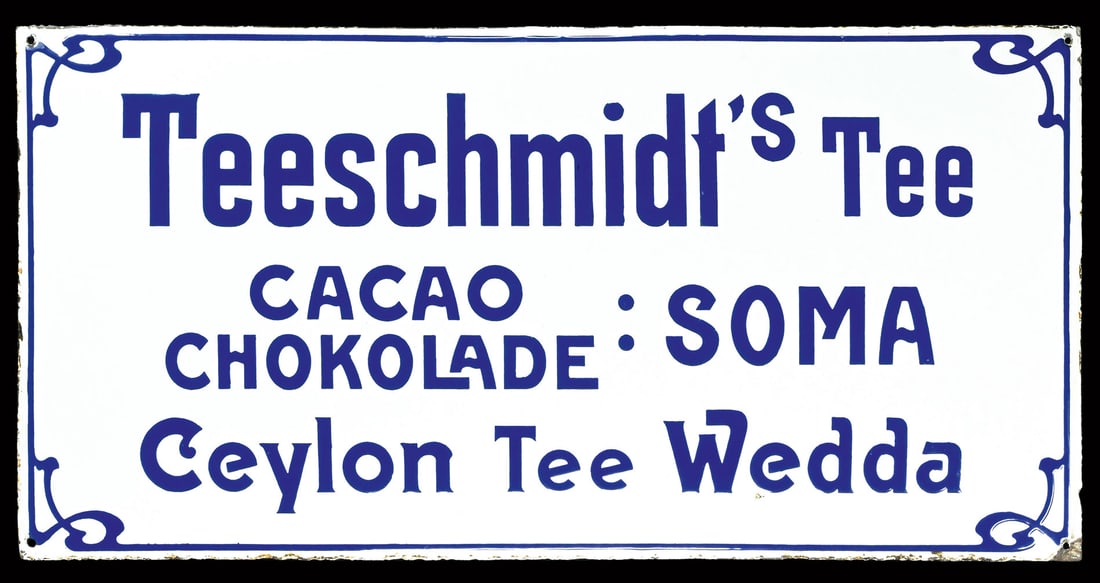 TEESCHMIDT | PORCELAIN SIGN | (1-): Porcelain sign ( Enamel sign ), heavy iron, convex, thickly stenciled, GER/CH around 1900, 100 x 50 cm, the best of only three examples known to us, the surface still as fresh as on day one, an ancien