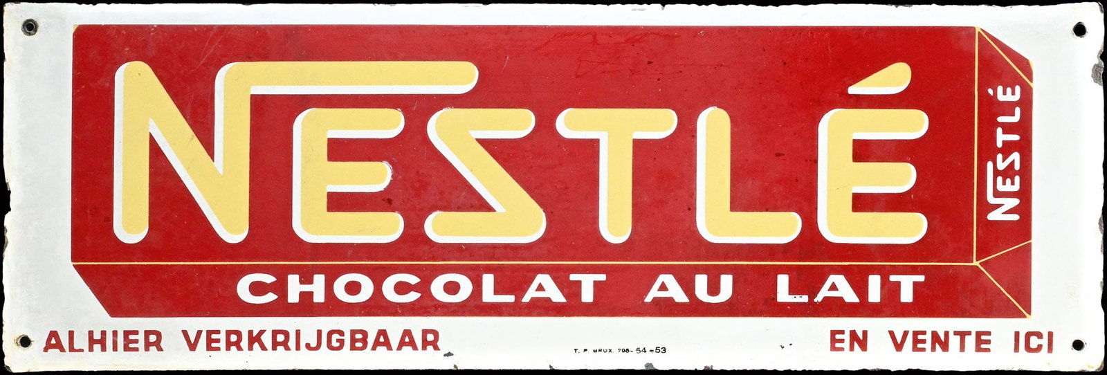NESTLE CHOCOLAT AU LAIT | PORCELAIN SIGN | (2): Porcelain sign ( Enamel sign ), stenciled, BE 1953, 60 x 20 cm | We do only sell old original pieces - no reproductions or fakes. We pack in house, most items can be shipped overseas. Wooden crates ar
