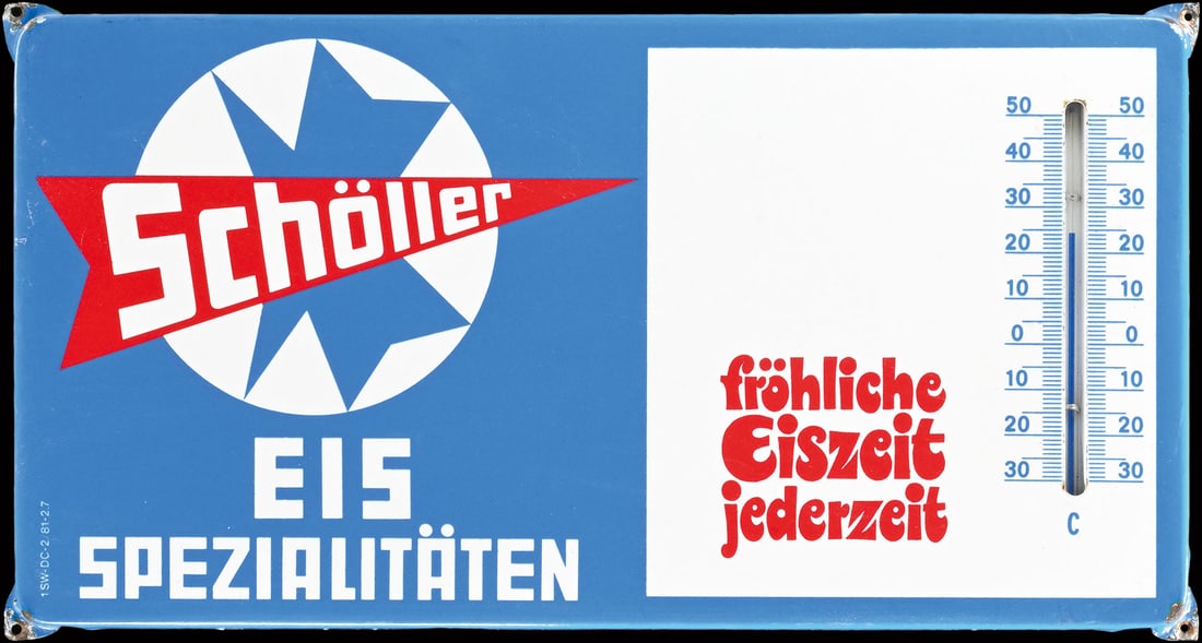 SCHOELLER EIS | TIN SIGN | (1): Tin sign, integrated thermometer (original and working), GER 1970s, 42 x 22 cm | We do only sell old original pieces - no reproductions or fakes. We pack in house, most items can be shipped overseas. 