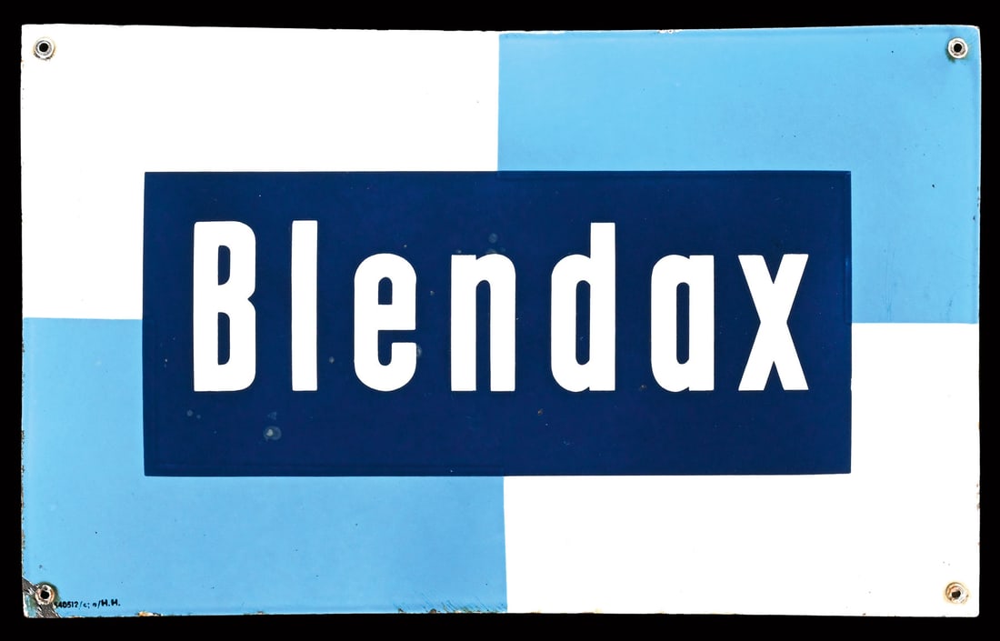BLENDAX | PORCELAIN SIGN | (1): Porcelain sign ( Enamel sign ), convex, stenciled, GER around 1950, 49 x 30 cm | We do only sell old original pieces - no reproductions or fakes. We pack in house, most items can be shipped overseas. 