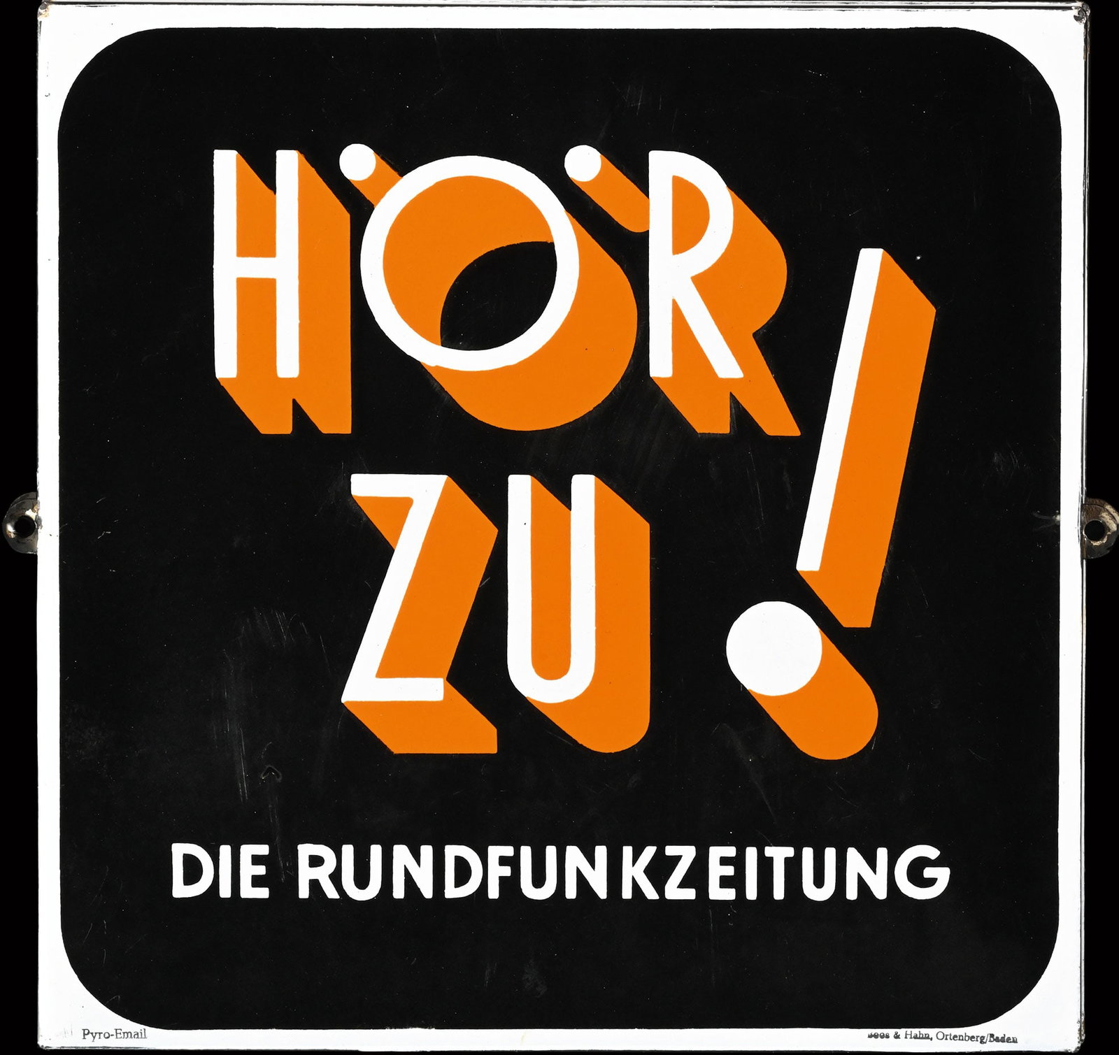 HOER ZU! | PORCELAIN SIGN | (1-2): Porcelain sign ( Enamel sign ), stenciled, GER 1950s, 32 x 32 cm, Boos & Hahn, Ortenberg/Baden, some light traces of usage/scratches | We do only sell old original pieces - no reproductions or fakes. 