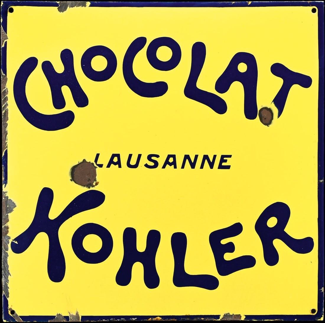 CHOCOLAT KOHLER LAUSANNE | PORCELAIN SIGN | (2-3): Porcelain sign ( Enamel sign ), convex, stenciled, Lausanne/CH around 1910, 50 x 50 cm, very glossy surface | We do only sell old original pieces - no reproductions or fakes. We pack in house, most it