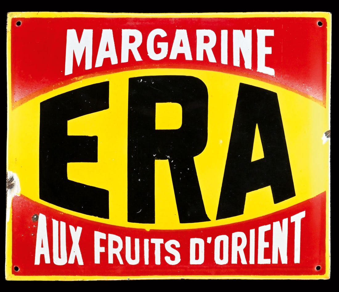 ERA MARGARINE | PORCELAIN SIGN | (1-): Porcelain sign ( Enamel sign ), convex, stenciled, BE around 1930, 28 x 23 cm | We do only sell old original pieces - no reproductions or fakes. We pack in house, most items can be shipped overseas. W