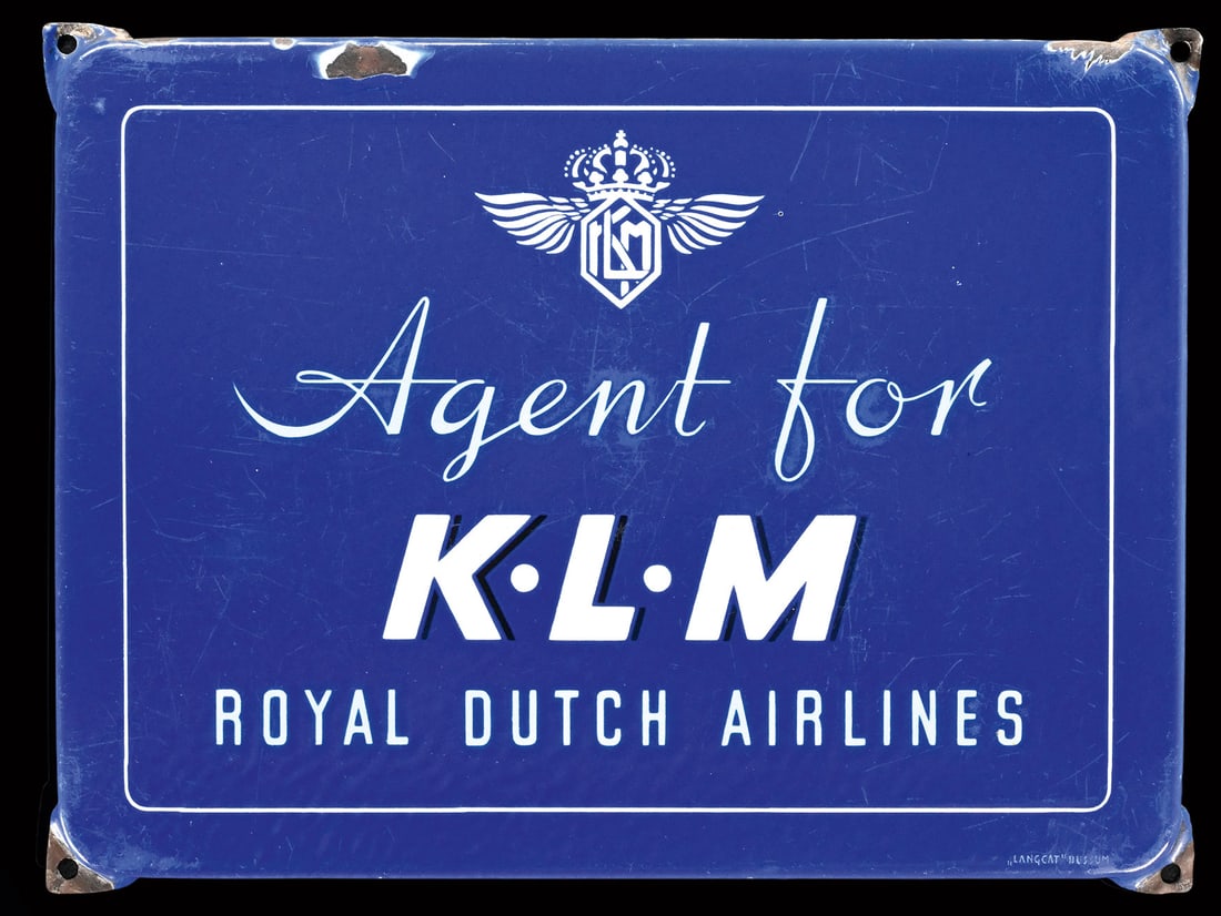 KLM - AGENT FOR ROYAL DUTCH AIRLINES | PORCELAIN SIGN | (2): Porcelain sign ( Enamel sign ), stenciled, NL 1930s, 32 x 23 cm, "Langcat"-Bussum, beautiful gloss, some fine scratches, rare | We do only sell old original pieces - no reproductions or fakes. We pack