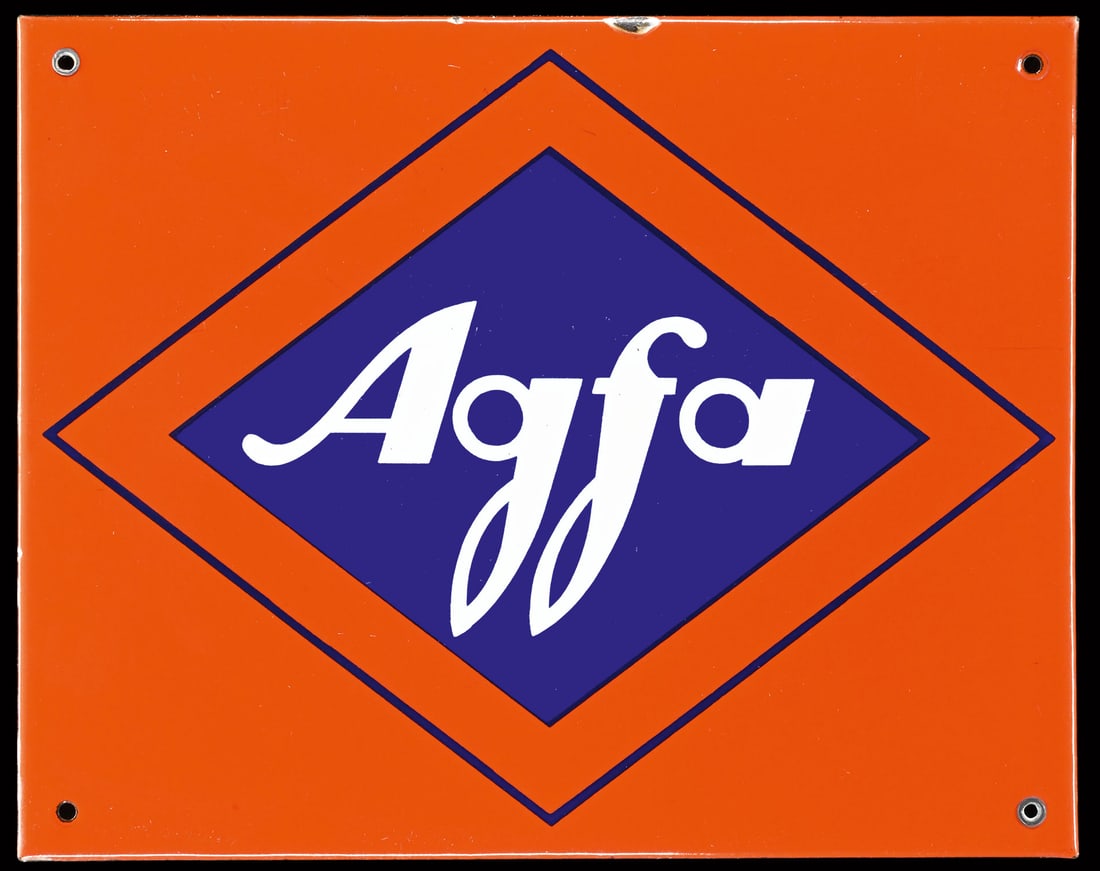 AGFA | PORCELAIN SIGN | (1): Porcelain sign ( Enamel sign ), stenciled, around 1950, 48 x 38 cm | We do only sell old original pieces - no reproductions or fakes. We pack in house, most items can be shipped overseas. Wooden crate