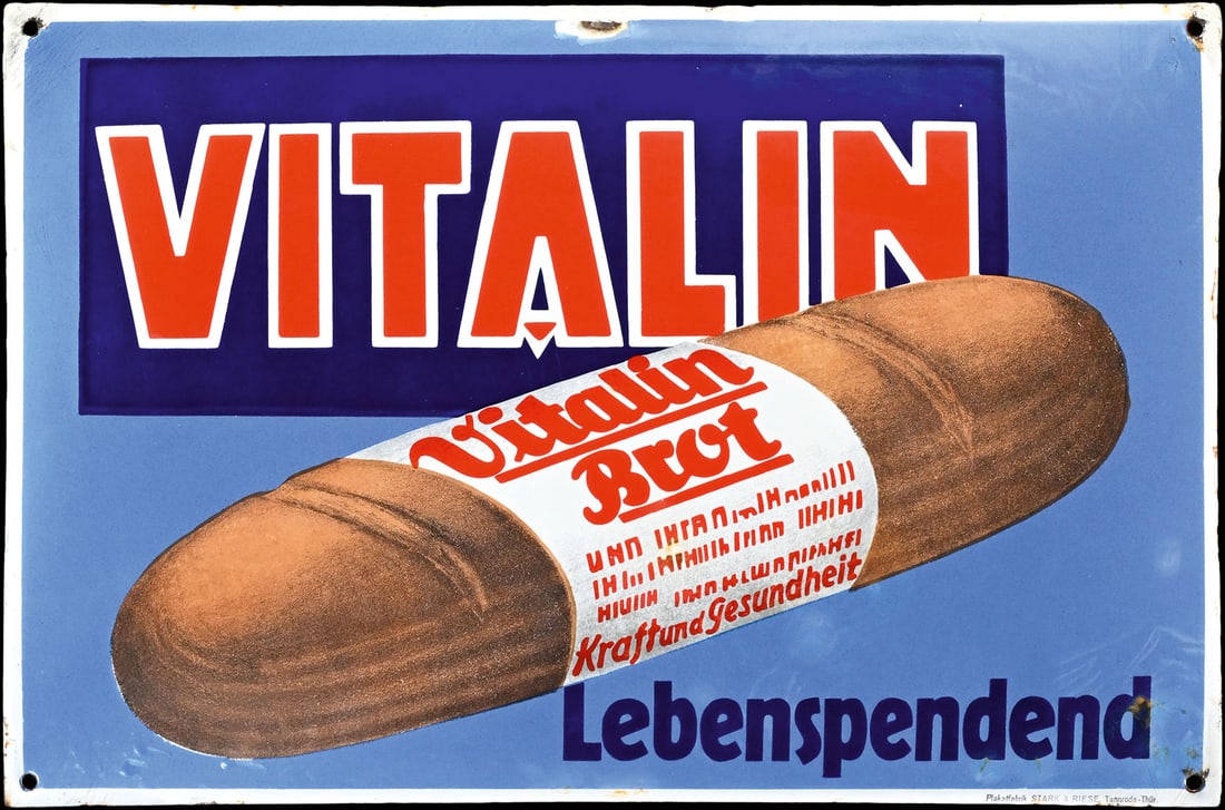 VITALIN BROT | PORCELAIN SIGN | (2): Porcelain sign ( Enamel sign ), convex, stenciled and lithographed, GER 1920s, 50 x 33 cm, Plakatfabrik Stark & Riese, Tannroda-Thuer., light traces of aging, smaller border damages have been touched 