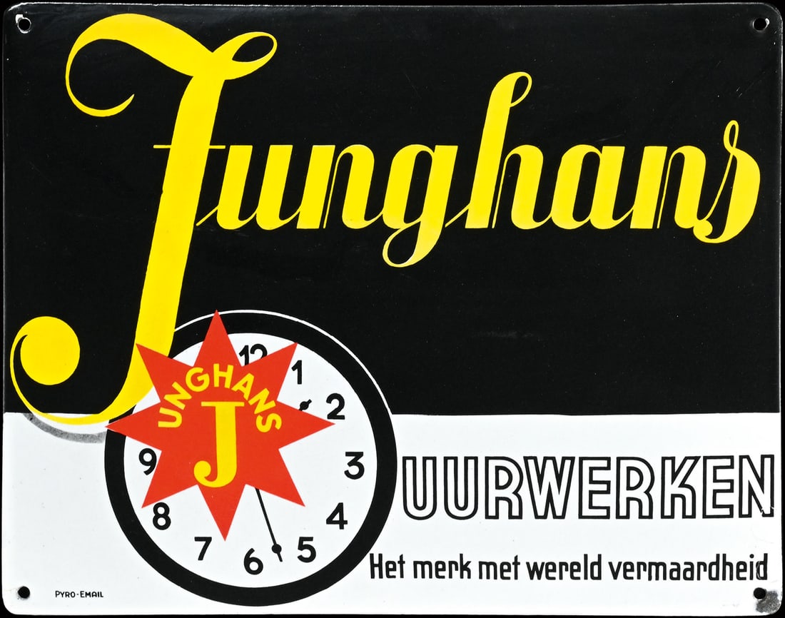JUNGHANS UURWERKEN | PORCELAIN SIGN | (1): Porcelain sign ( Enamel sign ), convex, stenciled, NL around 1930, 35 x 27 cm, Pyro-Email, perfect gloss and colors, the lower right corner with damages, the back still with the original mounting manu