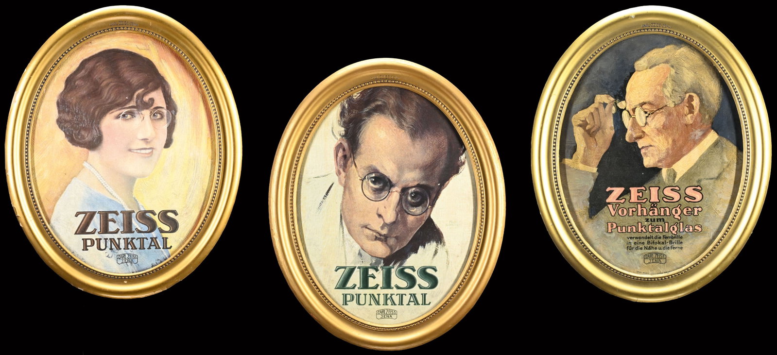 ZEISS | ADVERTISING SIGNS | (1/1-2): 3 rare advertising signs in gouache-style, stucco frame, GER 1920s, each 33,5 x 42 cm, print: Meissner & Buch, Leipzig - Berlin, the frames with company imprint: Carl Zeiss, Jena, the backs partly wit