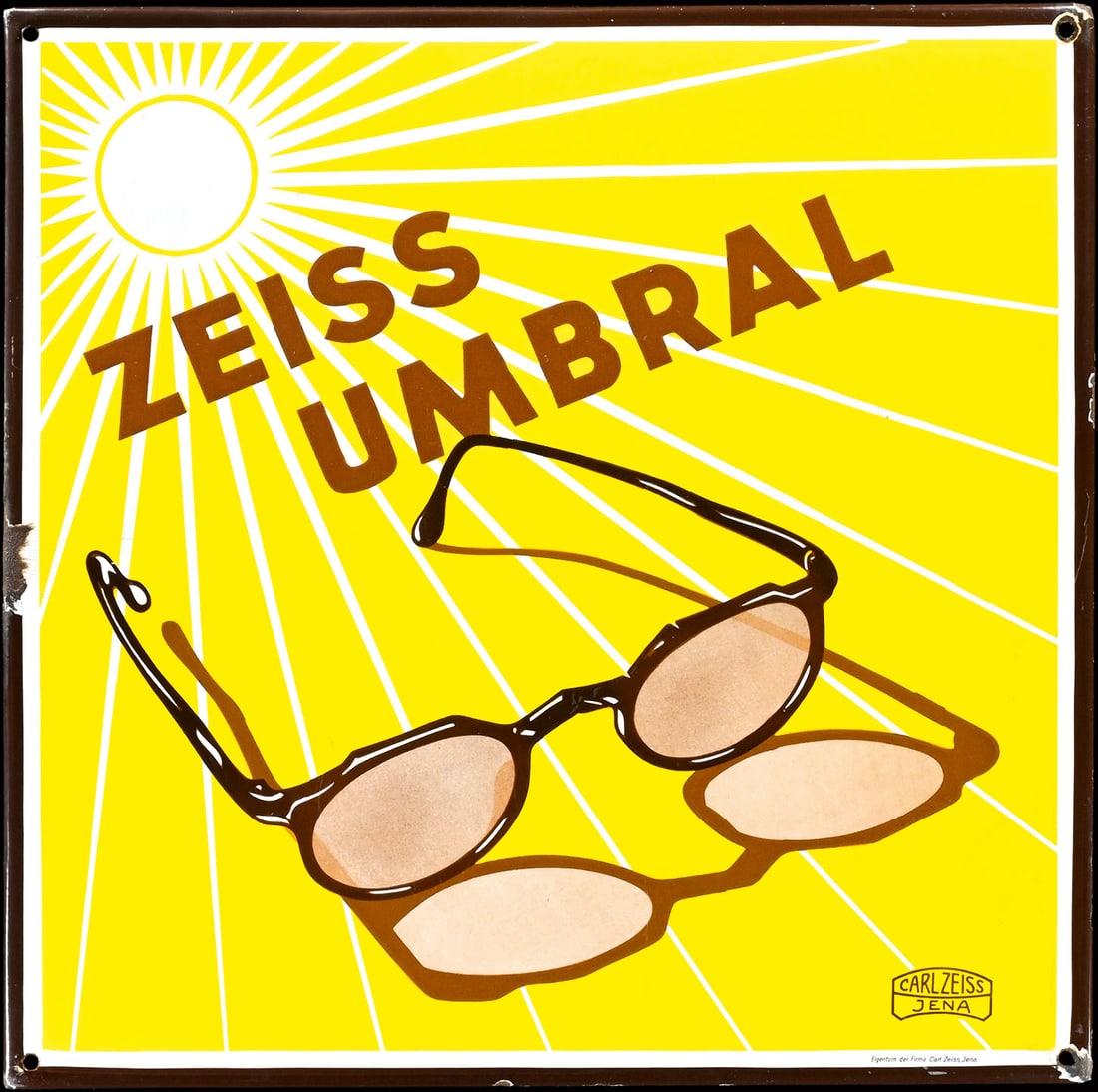 ZEISS UMBRAL | RARE PORCELAIN SIGN | (2+): Porcelain sign ( Enamel sign ), stenciled and lithographed, GER around 1930, 48 x 48 cm, here the rare version with sunglasses from Zeiss | We do only sell old original pieces - no reproductions or fa