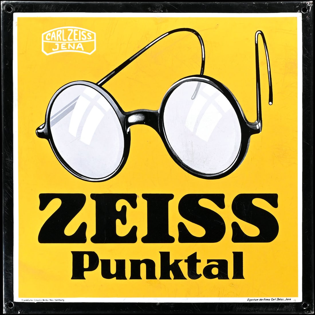 ZEISS PUNKTAL | PORCELAIN SIGN | (3): Porcelain sign ( Enamel sign ), stenciled and lithographed, GER 1920s, 48 x 48 cm, Frankfurter Emaillir-Werke Neu-Isenburg, the border area with touch-ups, scratches, very beautiful gloss | We do only