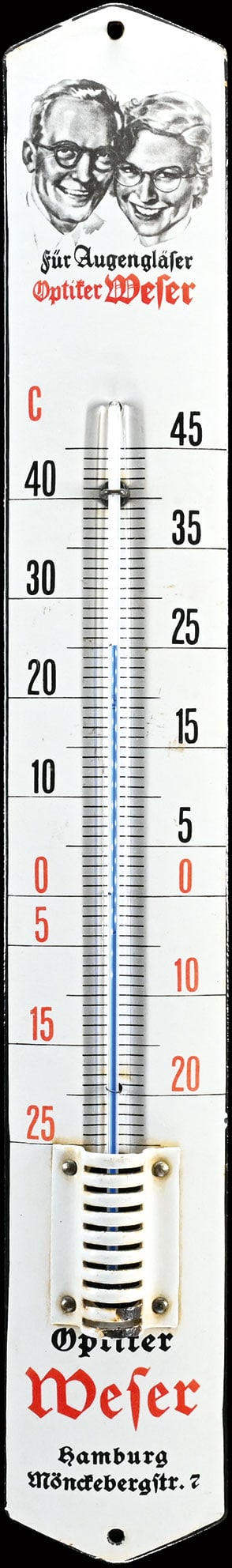 FUER AUGENGLAESER - OPTIKER WESER | PORCELAIN SIGN | (1): Porcelain sign ( Enamel sign ), convex, lithographed, integrated thermometer (working), GER 1930s, 8 x 56 cm | We do only sell old original pieces - no reproductions or fakes. We pack in house, most i