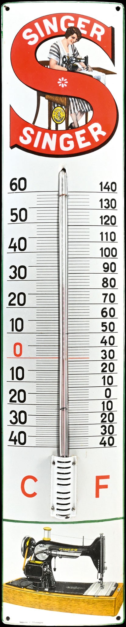 SINGER | PORCELAIN SIGN IN SUPERB CONDITION | (1+): Porcelain sign ( Enamel sign ), convex, stenciled and lithographed, integrated Thermometer (working) GER/F around 1930, 18 x 90 cm, without a doubt the rarest object of the Singer series, the letterin