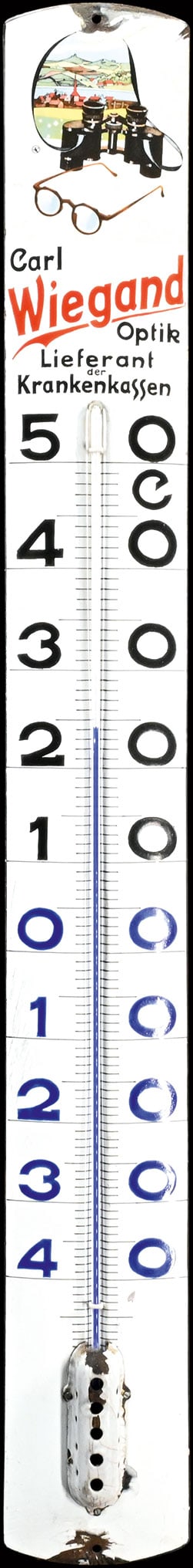 CARL WIEGAND OPTIK | PORCELAIN SIGN | (2): Porcelain sign ( Enamel sign ), convex, thickly stenciled, also lithographed, integrated thermometer (original and working), GER around 1930, 12 x 100 cm, monogrammed, fine image in the bag | We do on