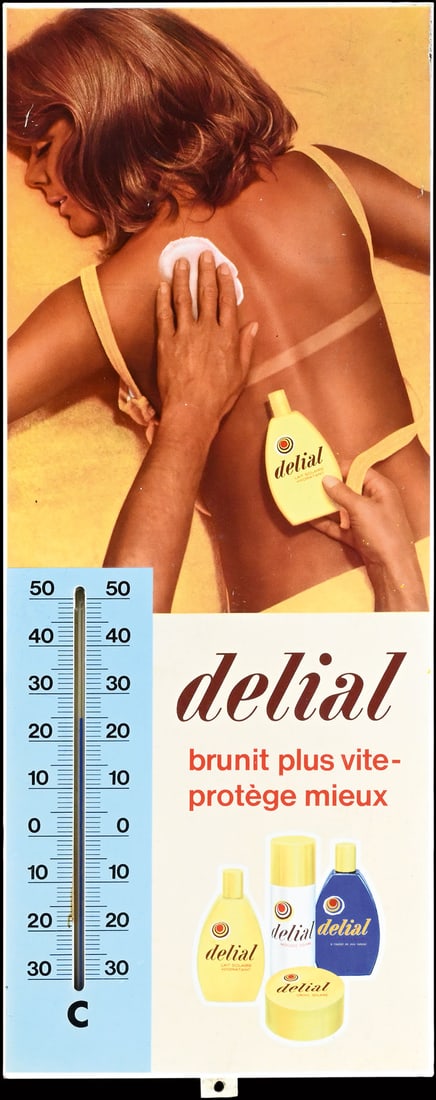 DELIAL | TIN SIGN | (1): Tin sign, integrated thermometer (original and working), F around 1960, 30 x 75 cm | We do only sell old original pieces - no reproductions or fakes. We pack in house, most items can be shipped overse
