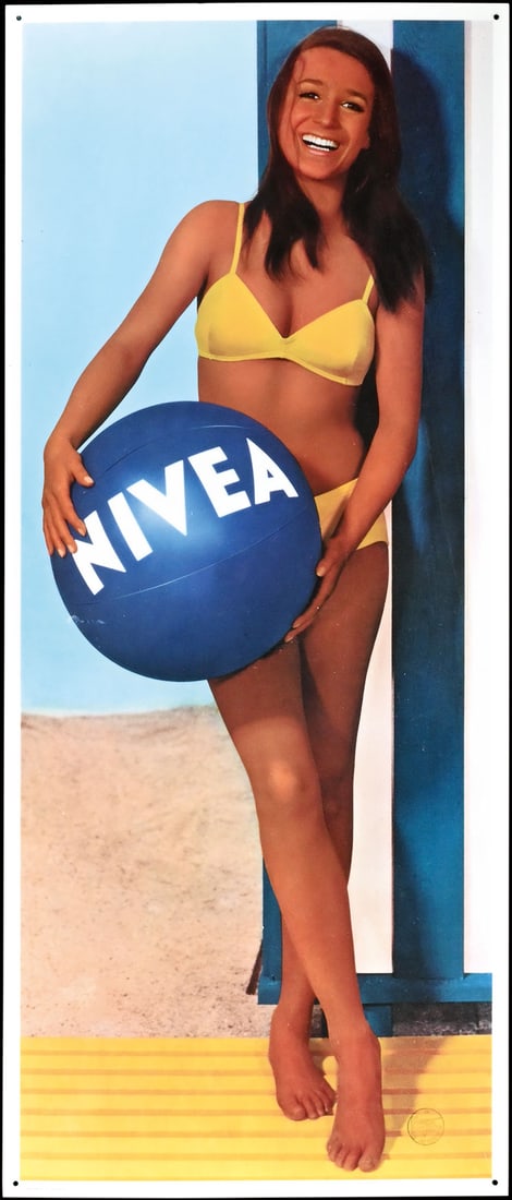 NIVEA | ADVERTISING SIGN | (1+): Advertising sign, plastic, IT 1970s, 44 x 108 cm, Fotometalgrafica Bologna | We do only sell old original pieces - no reproductions or fakes. We pack in house, most items can be shipped overseas. Wood