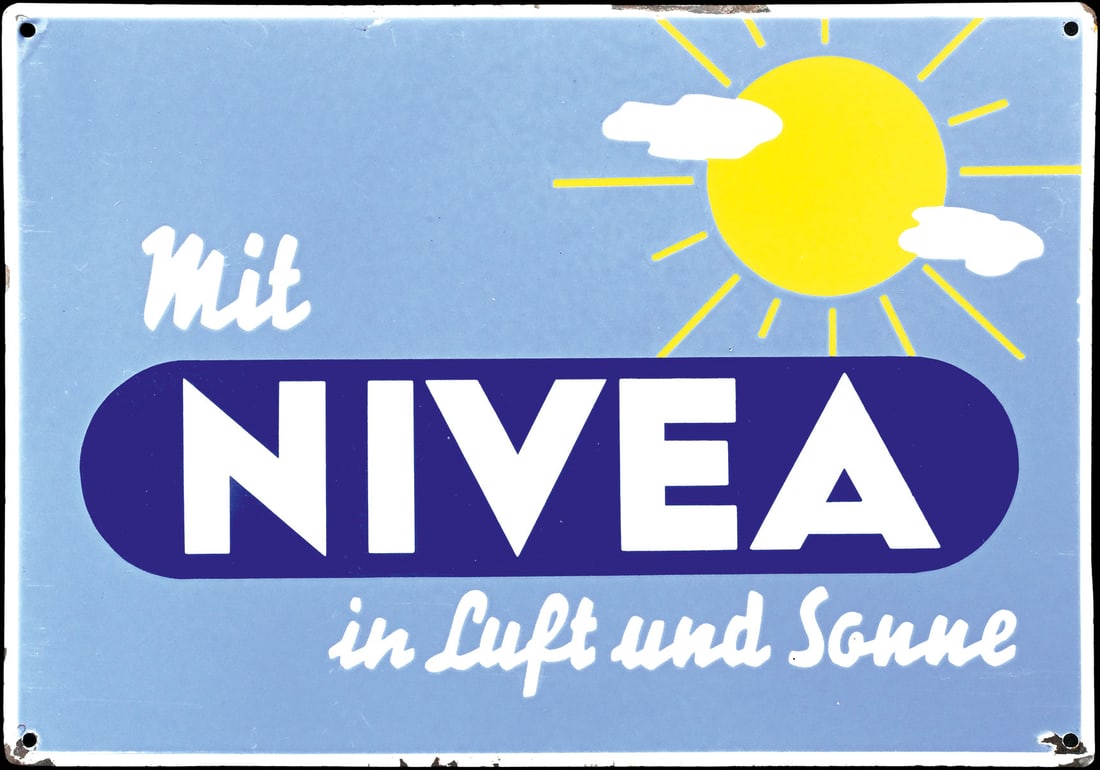 MIT NIVEA IN LUFT UND SONNE | PORCELAIN SIGN | (1-2): Porcelain sign ( Enamel sign ), stenciled, GER 1950s, 44 x 31 cm | We do only sell old original pieces - no reproductions or fakes. We pack in house, most items can be shipped overseas. Wooden crates 