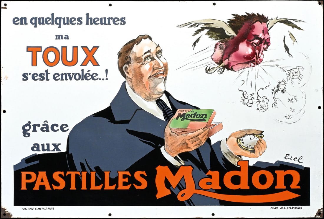 PASTILLES MADON | ONE OF A KIND PORCELAIN SIGN BY EREL | (1): Porcelain sign ( Enamel sign ), stenciled, lithographed and colored by hand, F 1920s, 101 x 70 cm, Emaillerie Alsacienne Strasbourg, marked: Publicite G. Metais Paris, signed: Erel. A French masterpie