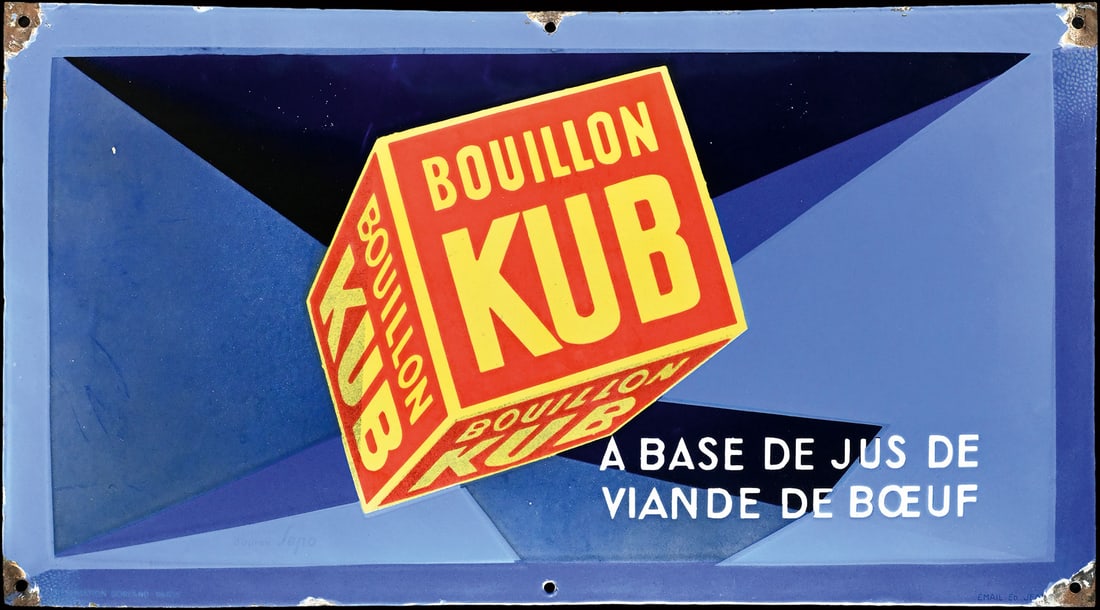BOUILLON KUB | IMPORTANT GRAPHICAL PORCELAIN SIGN BY SEPO | (2+): Porcelain sign ( Enamel sign ), convex, stenciled and lithographed, F 1931, 65 x 36 cm, Email Ed. Jean, Paris, marked: Presentation Dorland-Paris, a design by Severo Pozzati (Sepo), who used to be one