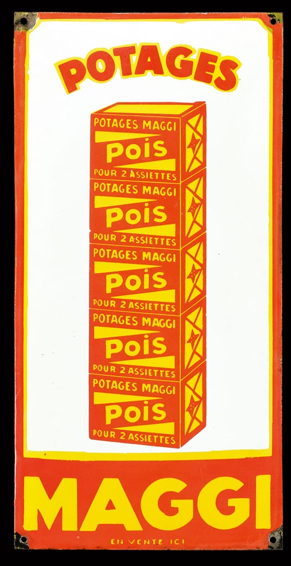 POTAGES MAGGI | PORCELAIN SIGN | (1-): Porcelain sign ( Enamel sign ), convex stenciled, F 1930s, 20 x 40 cm, a classic of French advertising | We do only sell old original pieces - no reproductions or fakes. We pack in house, most items c