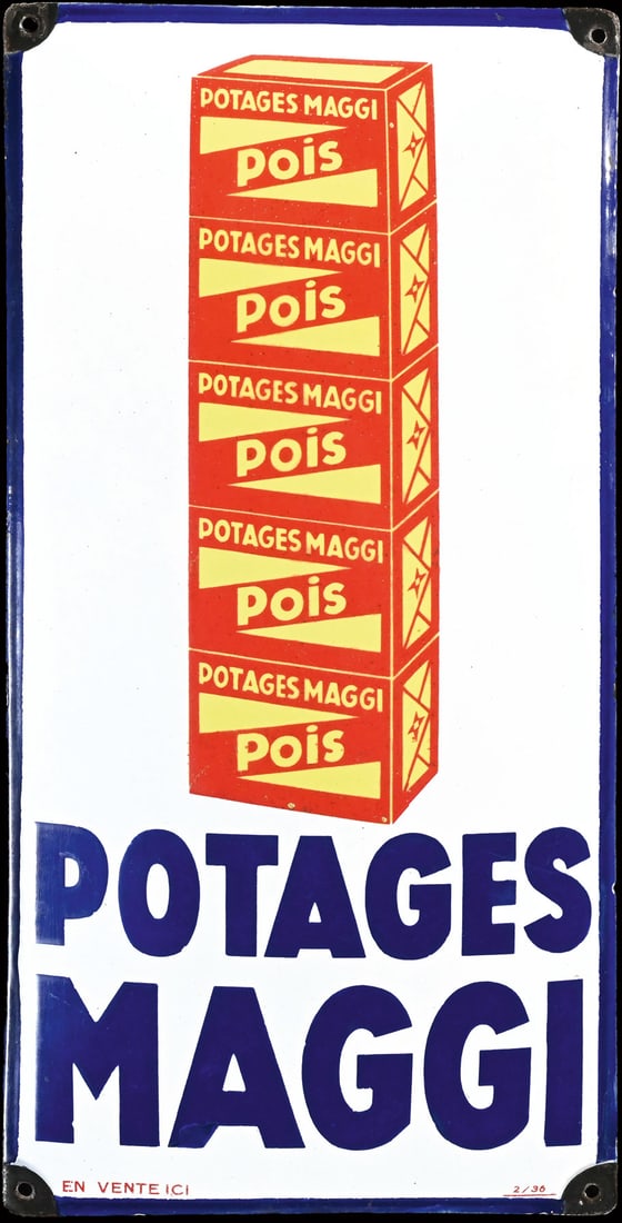 POTAGES MAGGI | PORCELAIN SIGN | (1+): Porcelain sign ( Enamel sign ), convex, stenciled, F dated: 2/36, 20 x 40 cm, probably Emaillerie Alsacienne Strasbourg, the graphic reminiscent of Pop-Art, wonderful gloss, striking colors and with a