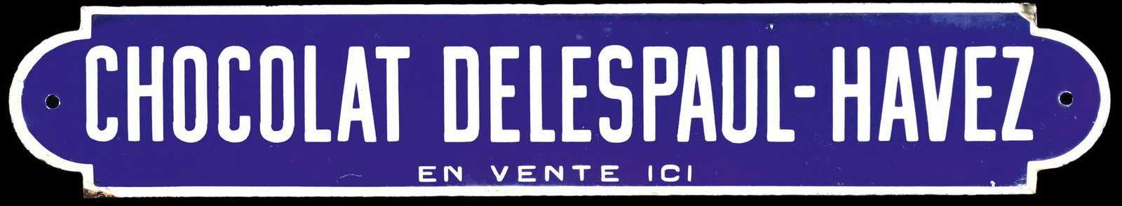 CHOCOLAT DELESPAUL-HAVEZ | PORCELAIN SIGN | (1-): Porcelain sign ( Enamel sign ), stenciled, F around 1930, 46 x 8 cm, Email Ed Jean | We do only sell old original pieces - no reproductions or fakes. We pack in house, most items can be shipped overse