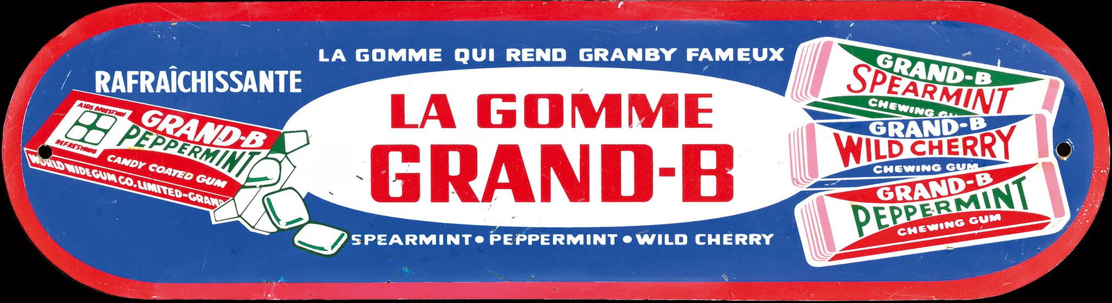 GRAND-B CHEWING GUM | TIN SIGN | (1-2): Tin sign, F around 1960, 34 x 9 cm | We do only sell old original pieces - no reproductions or fakes. We pack in house, most items can be shipped overseas. Wooden crates are available. For further shi