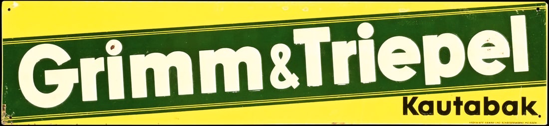 GRIMM & TRIEPEL KAUTABAK | TIN SIGN | (1): Tin sign, embossed, GER 1930s, 35 x 8 cm, Vereinigte Graba- und Schregerwerke, Meissen | We do only sell old original pieces - no reproductions or fakes. We pack in house, most items can be shipped ov