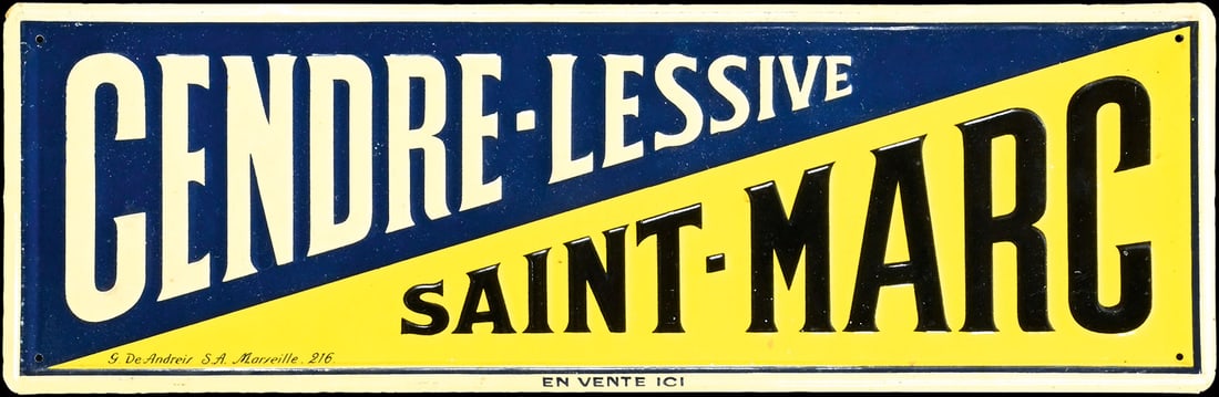 CENDRE-LESSIVE | TIN SIGN | (1+): Tin sign, embossed, F around 1930, 40 x 13 cm, G. de Andreis, S.A. Marseille | We do only sell old original pieces - no reproductions or fakes. We pack in house, most items can be shipped overseas. Wo