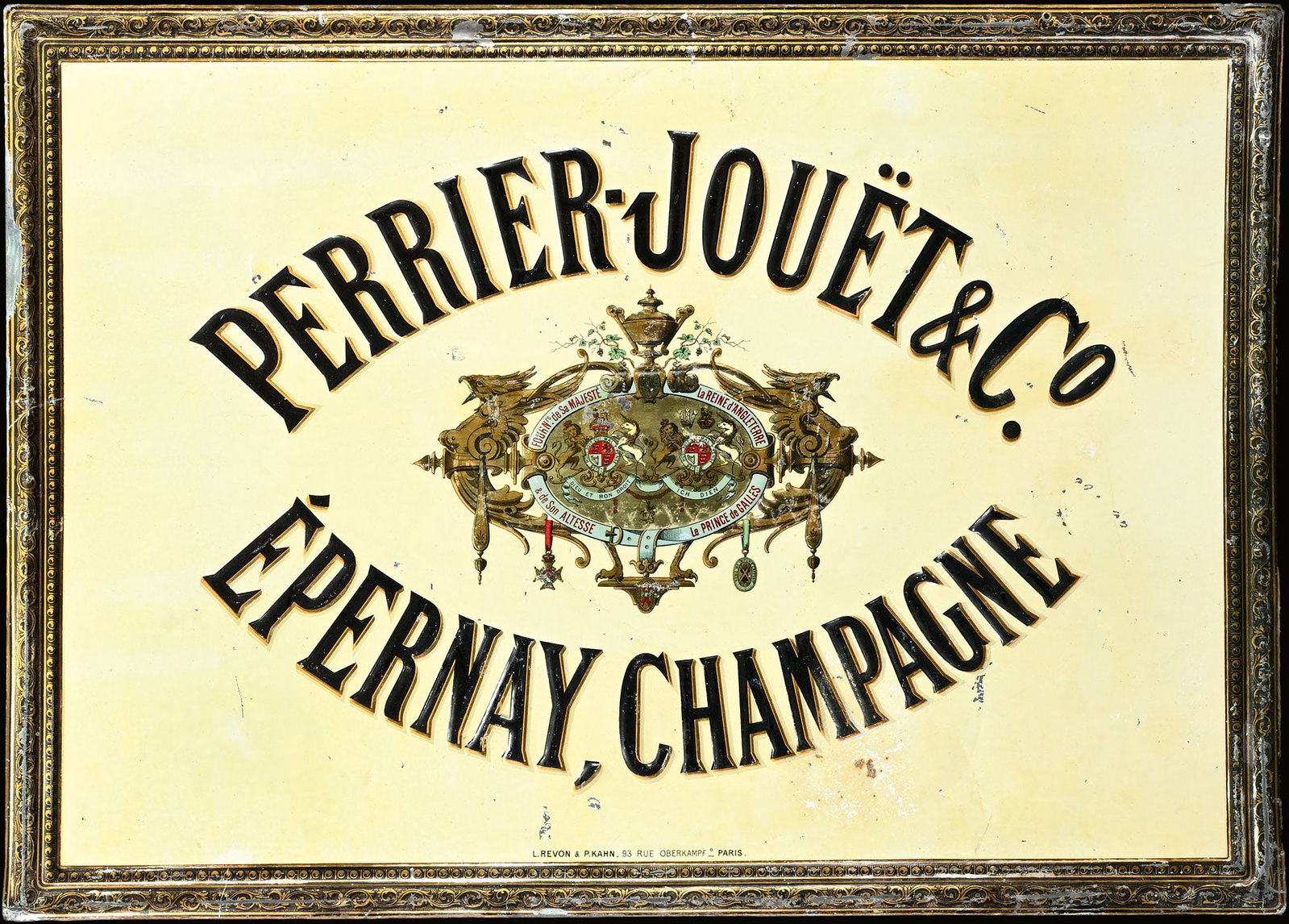 PERRIER-JOUET & CO. CHAMPAGNE | TIN SIGN | (2): Tin sign, embossed and lithographed, Epernay/F around 1910, 68 x 48 cm, L. Revon, & P. Kahn, Paris, an early gem from the Champagne, the golden color strikes out, until today the Perrier-Jouet is one 