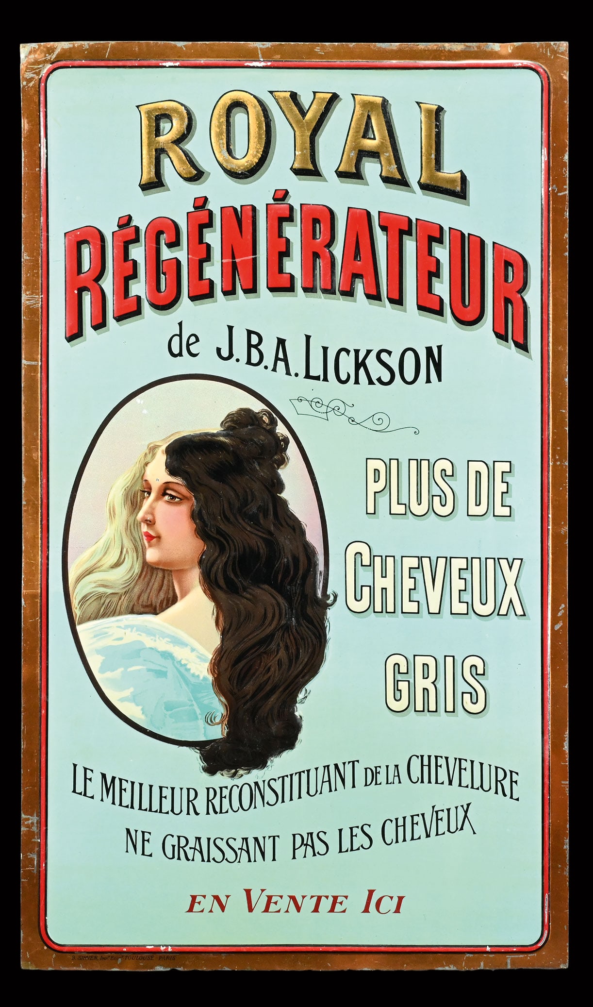 ROYAL REGENERATEUR | TIN SIGN | (1-): Tin sign, embossed, lithographed, F around 1920, 42 x 70 cm, B. Sirven, Toulouse, Paris | We do only sell old original pieces - no reproductions or fakes. We pack in house, most items can be shipped o