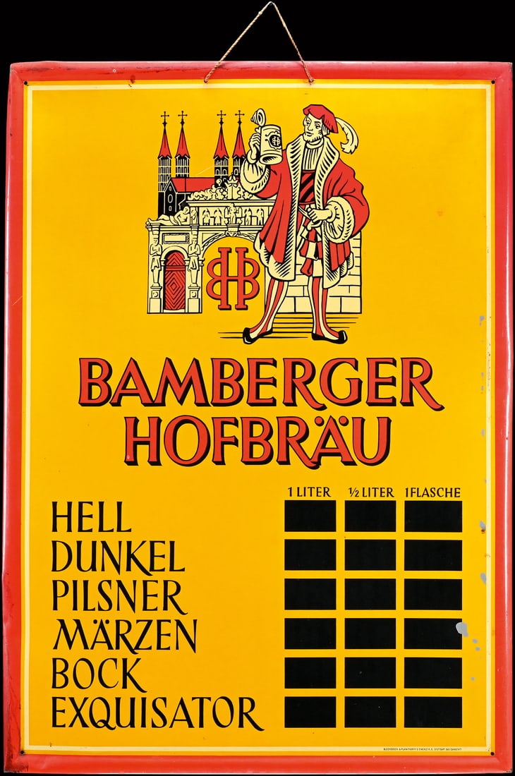 BAMBERGER HOFBRAEU | TIN SIGN | (1): Tin sign, lithographed, GER 1930s, 50 x 70 cm, Blechdosen- & Plakatfabrik G. Staehle, Stuttgart Bad Cannstatt, rare, meant to inscribe the beer prices | We do only sell old original pieces - no reprod