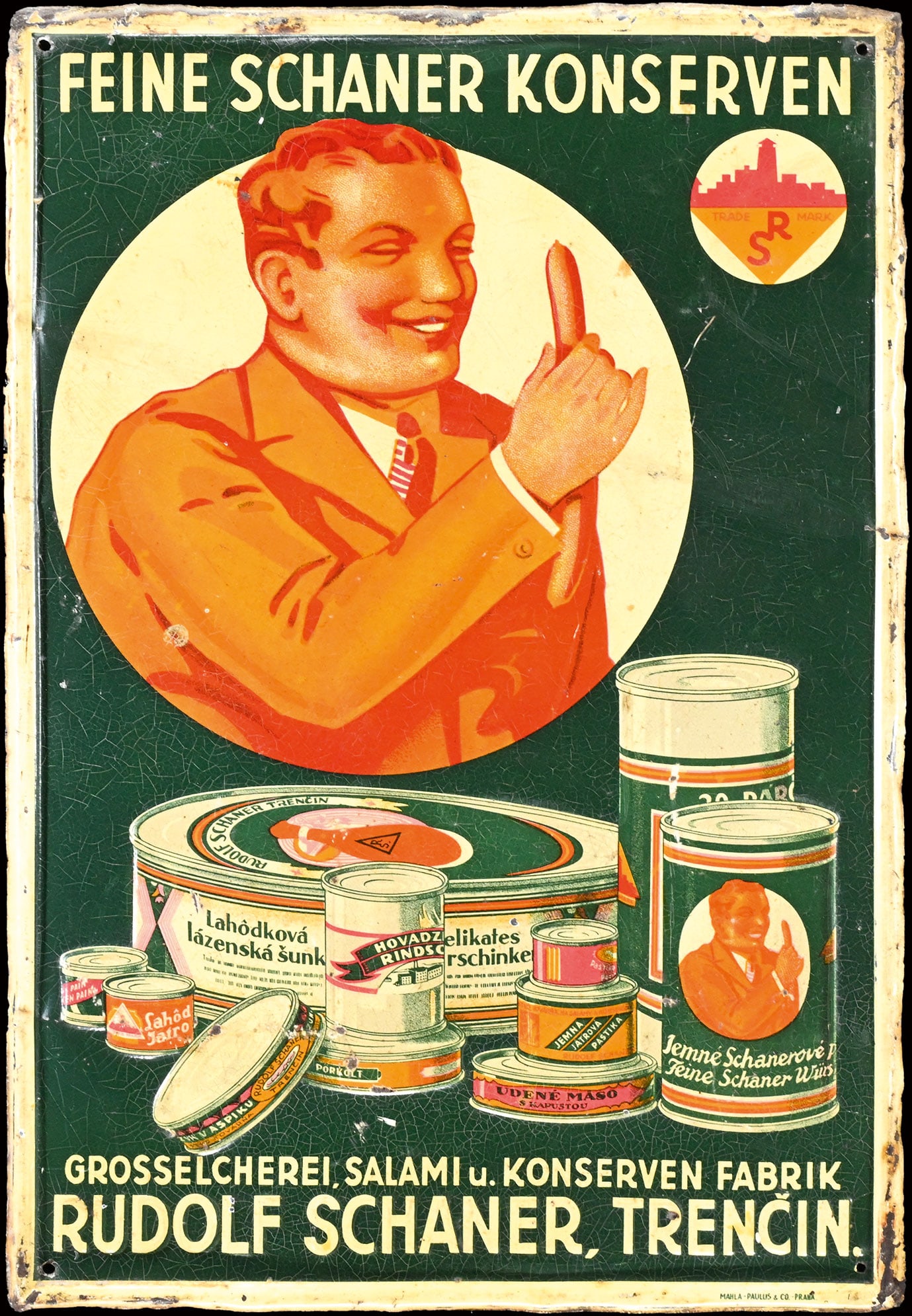 FEINE SCHANER KONSERVEN | TIN SIGN | (2-): Tin sign, embossed and lithographed, Trencin/CZ 1930s, 25 x 36 cm, Mahla-Paulus & Co., Praha, light dents, rare | We do only sell old original pieces - no reproductions or fakes. We pack in house, mos