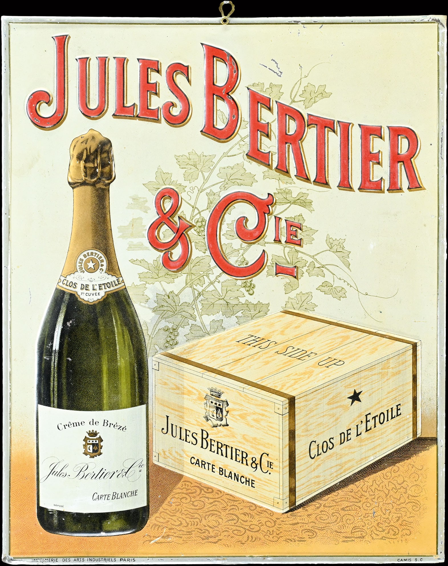 JULES BERTIER & CIE | TIN SIGN | (1): Tin sign, embossed, finely lithographed, F 1930s, 33 x 41 cm, Camis S.C., marked: Imprimerie des Arts Industriels Paris | We do only sell old original pieces - no reproductions or fakes. We pack in ho