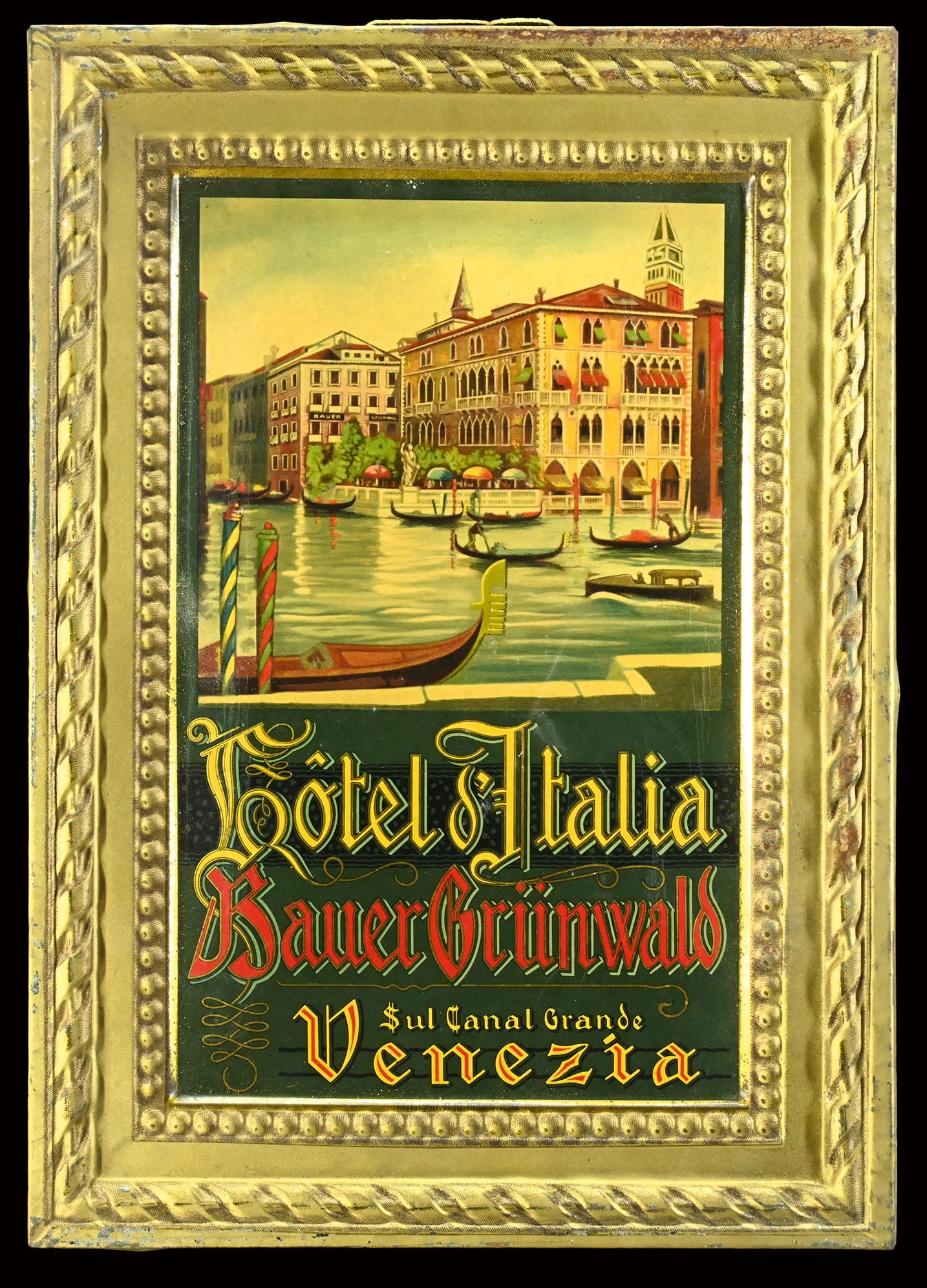 HOTEL D'ITALIA | TIN SIGN | (1): Tin sign, embossed and lithographed, Venice/IT around 1920, 33 x 46 cm, Metalgraf Milano, up to this day one can spend a night in the hotel, it's known to be one of the best there | We do only sell ol