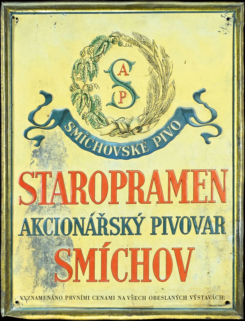 SMICHOVSKE PIVO | TIN SIGN | (2-3): Tin sign, embossed, lithographed, CZ around 1920, 35 x 45 cm, Paulus Praha | We do only sell old original pieces - no reproductions or fakes. We pack in house, most items can be shipped overseas. Wood