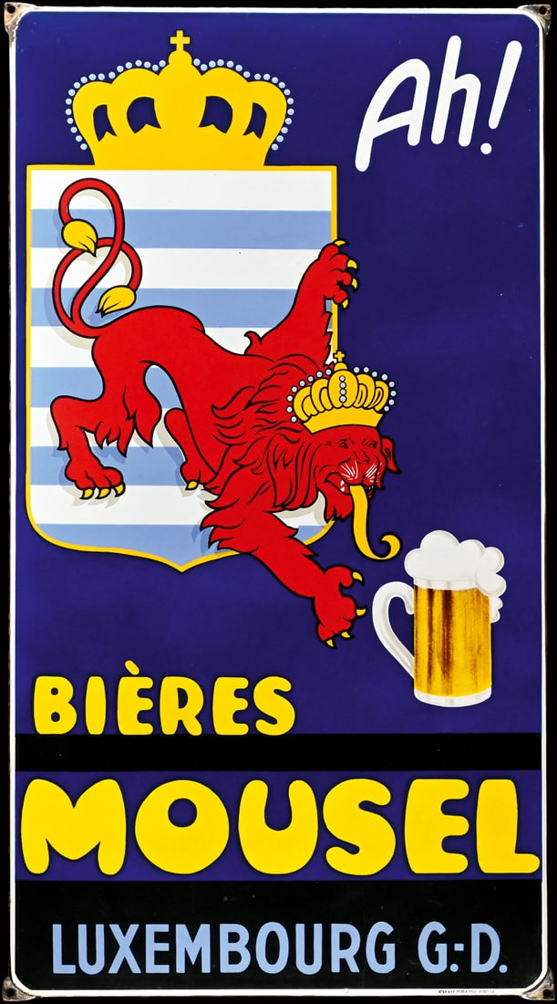 BIERES MOUSEL | RARE PORCELAIN SIGN | (1): Porcelain sign ( Enamel sign ), stenciled and lithographed, 1930s, 48 x 88 cm, Emailgraph, Brux, a rarity from the duchy, in outstanding condition with only a few tiny scratches, hard to find | We do 
