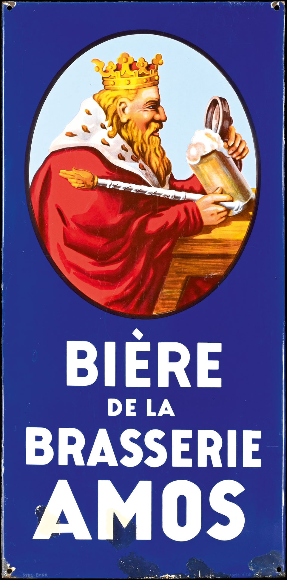 BIERE AMOS | BIG SIZE PORCELAIN SIGN | (3): Porcelain sign ( Enamel sign ), stenciled and lithographed, Metz/F around 1930, 58 x 118 cm, Pyro-Email, very beautiful gloss and colors, in the lower part with old touch-ups |*Only for self organized