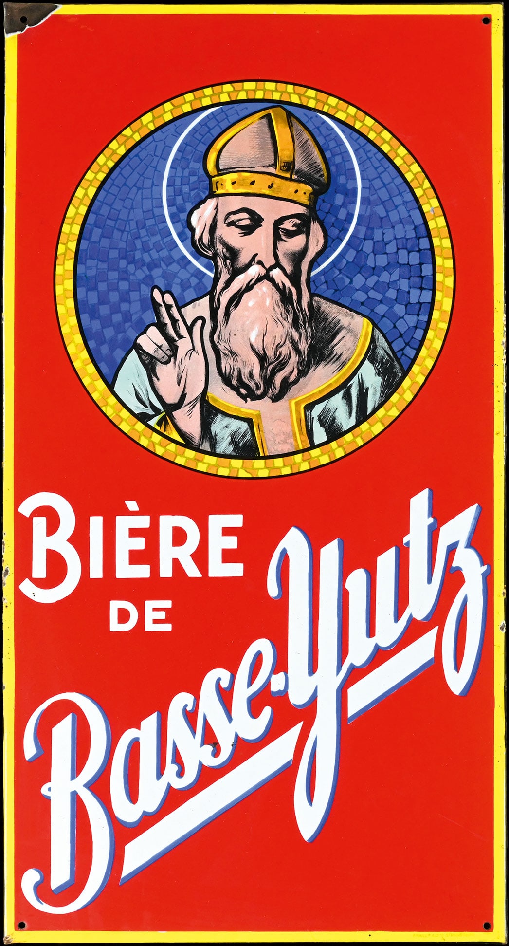 BIERE DE BASSE-YUTZ | PORCELAIN SIGN | (1): Porcelain sign ( Enamel sign ), stenciled and lithographed, F around 1930, 48 x 90 cm, Emaillerie Alsacienne Strasbourg | We do only sell old original pieces - no reproductions or fakes. We pack in ho