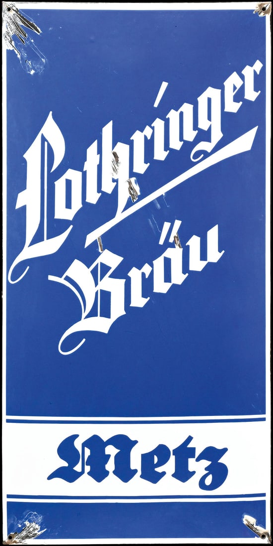 LOTHRINGER BRAEU METZ | PORCELAIN SIGN | (3): Porcelain sign ( Enamel sign ), stenciled, GER 1930s, 47 x 96 cm, old transport damages have been partly fixed with glue, rare |*Bulky-item shipping is available | We do only sell old original pieces 