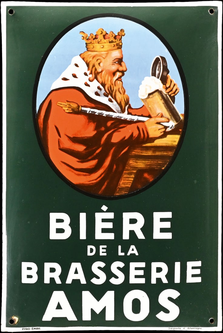 BIERE DE LA BRASSERIE AMOS | PORCELAIN SIGN | (1+): Porcelain sign ( Enamel sign ), convex, stenciled and lithographed, GER around 1930, 33 x 49 cm, Pyro-Email, Boos & Hahn, Ortenberg-Baden | We do only sell old original pieces - no reproductions or fa