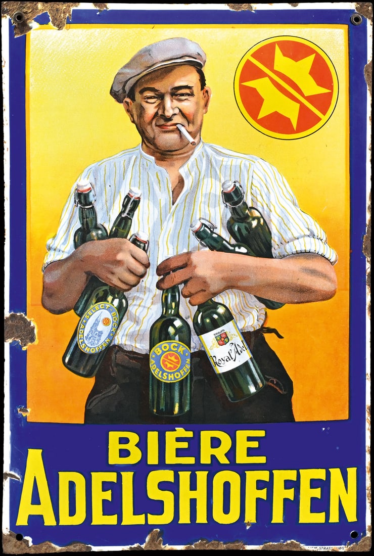 BIERE ADELSHOFFEN | PORCELAIN SIGN | (3): Porcelain sign ( Enamel sign ), convex, stenciled and lithographed, GER/F around 1930, 33 x 50 cm, Emaill. Als. Strasbourg, perfect gloss and colors, the depiction of the worker packed with beer bottl
