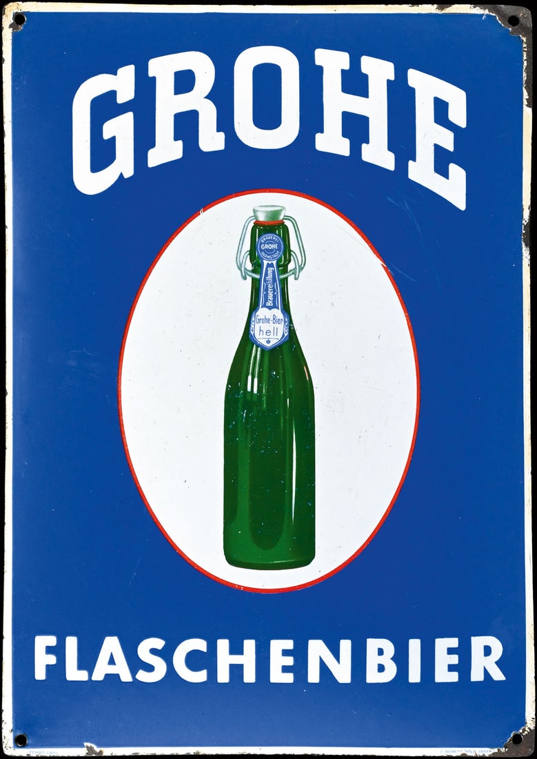 GROHE FLASCHENBIER | PORCELAIN SIGN | (2): Porcelain sign ( Enamel sign ), convex, stenciled and lithographed, GER 1930s, 35 x 49 cm, Ferro-Email, C. Robert Dold, Offenburg i.B. | We do only sell old original pieces - no reproductions or fakes