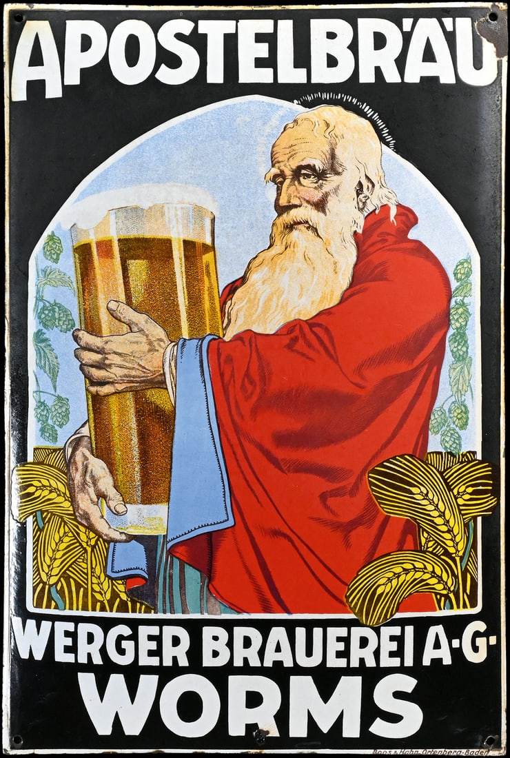 APOSTELBRAEU WORMS | PORCELAIN SIGN | (2): Porcelain sign ( Enamel sign ), convex, stenciled and lithographed, GER around 1930, 39 x 59 cm, Pyro-Email, Boos & Hahn, Ortenberg-Baden, slightly satin-matte in the upper section; therefore, despite