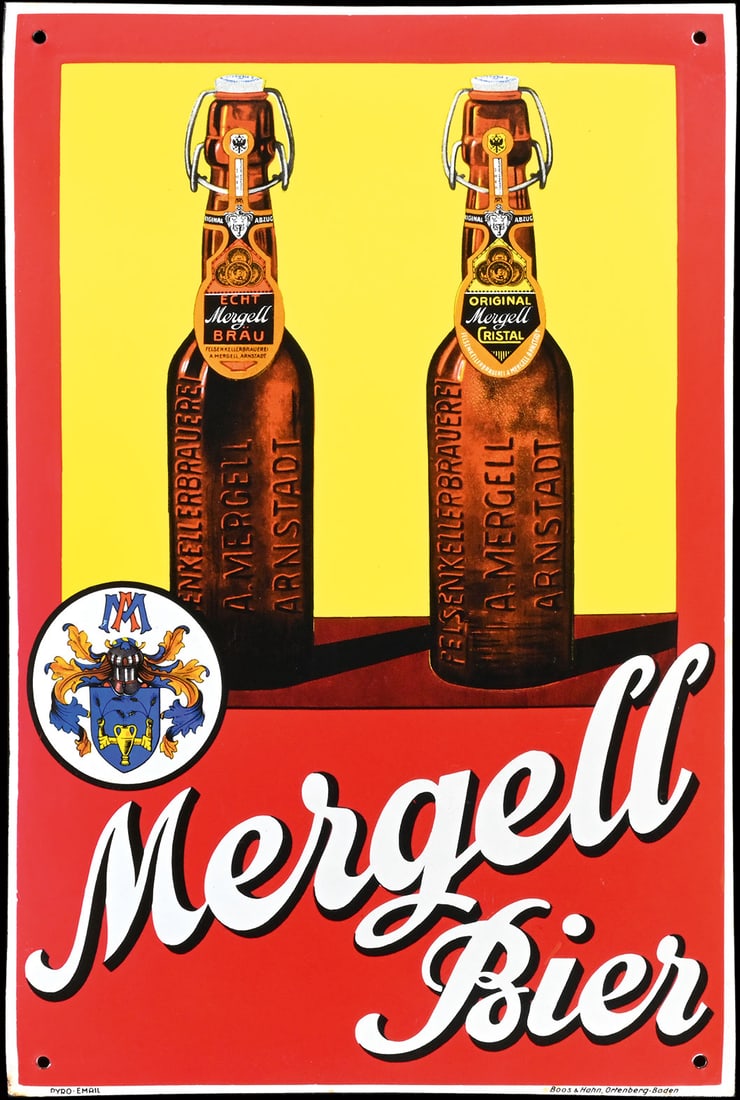 MERGELL BIER | PORCELAIN SIGN | (1+): Porcelain sign ( Enamel sign ), convex, stenciled and lithographed, GER around 1930, 39 x 59 cm, Pyro-Email, Boos & Hahn, Ortenberg-Baden, very rare to find in such good condition | We do only sell ol