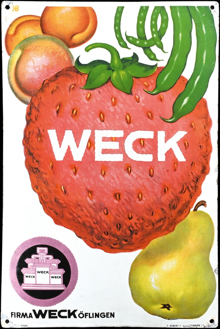 WECK | IMPORTANT PORCELAIN SIGN BY KARL BICKEL | (2+): Porcelain sign ( Enamel sign ), convex, stenciled and lithographed, GER around 1930, 40 x 60 cm, Ferro Email, C. Robert Dold, Offenburg i.B., one of the most popular kitchen signs designed by Karl Bic